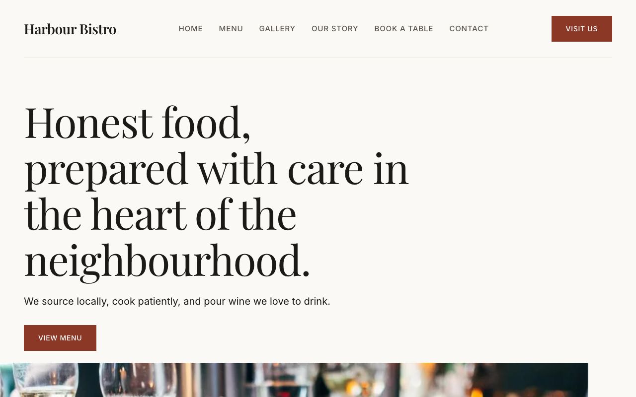 Harbour Bistro, a fictional business website from the Galeport template library
