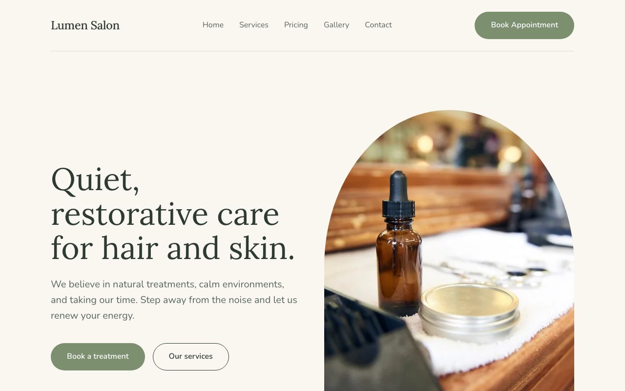 Lumen Salon, a fictional business website from the Galeport template library